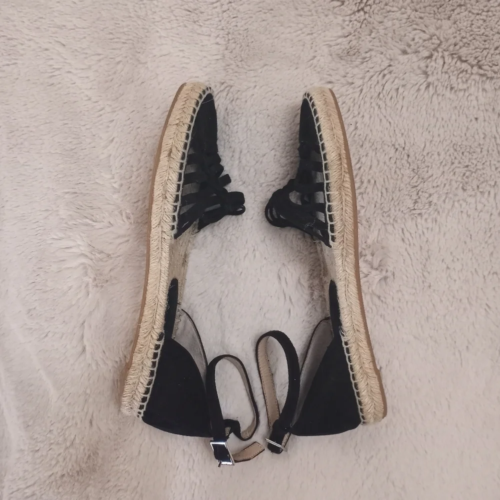Jewel Badgley Mischka Black Suede Strappy Espadrilles with Buckle Ankle Strap